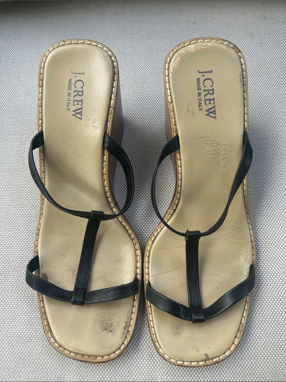 J. Crew Black Leather T-Strap Wedge Sandal